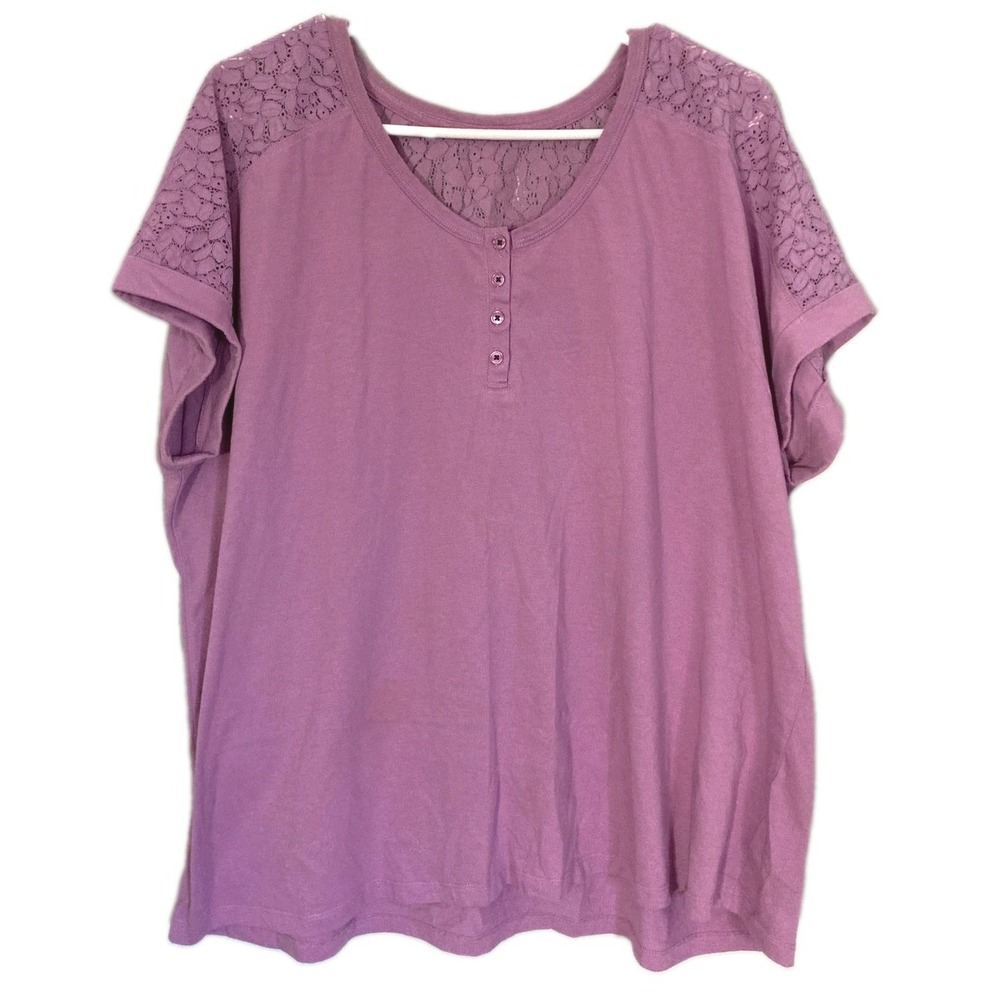 Karen Neuburger Shirt Womens 2XL Purple Lace Yoke Henley Short Sleeve Casual EUC